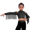 Girls Latin Dance Tops Tassels Long Sleeves Back Invisible Zipper Shiny Rhinestones Crop Top