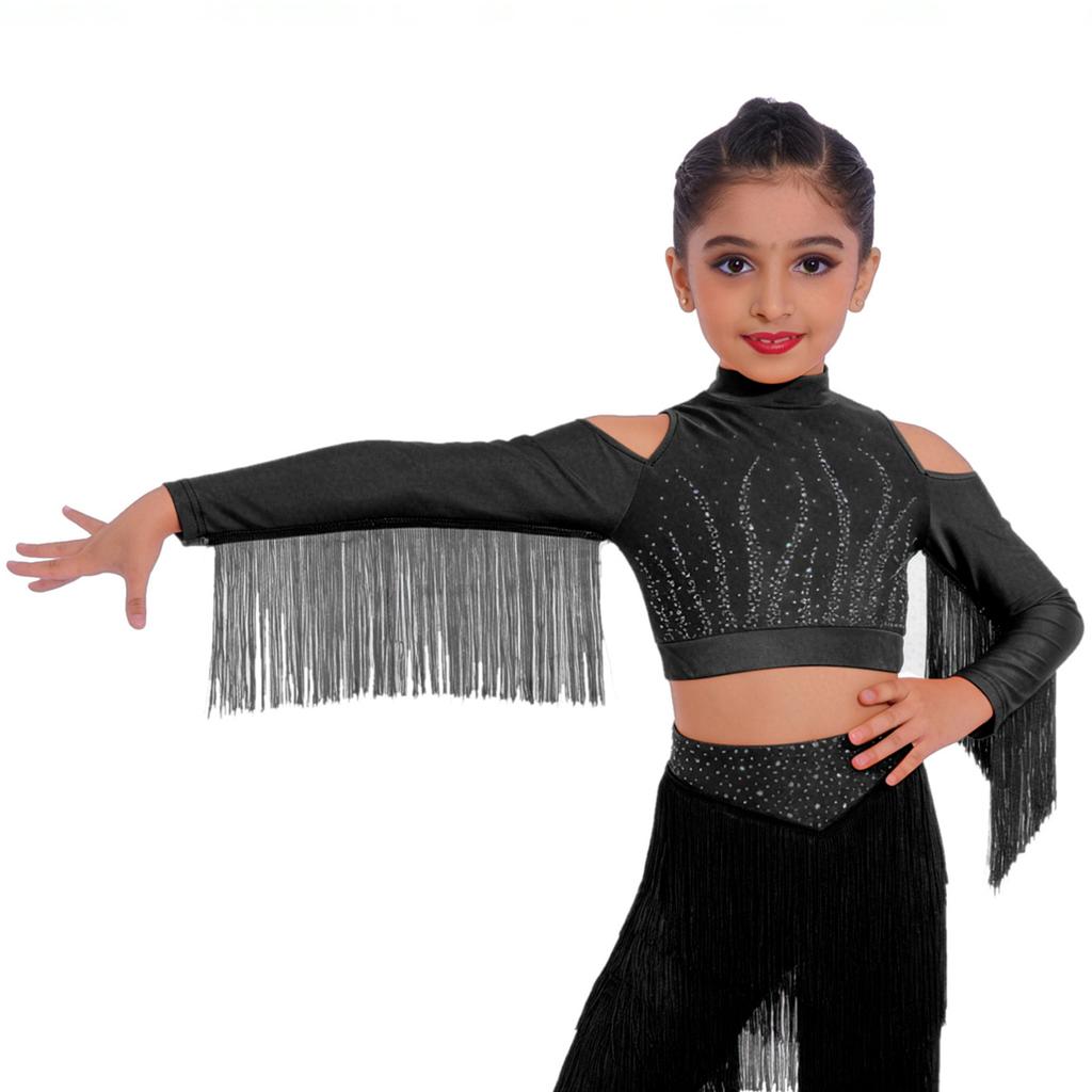 Girls Latin Dance Tops Tassels Long Sleeves Back Invisible Zipper Shiny Rhinestones Crop Top