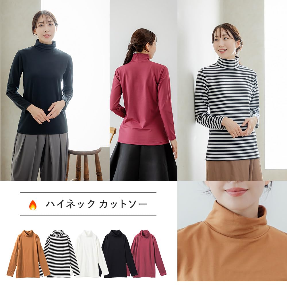 Shirasagi Magical Brushed Warm Assorted Set Knit Fleece-Lined Innerwear, High-Neck Top, Cut-and-Sew, Women's, Fall/Winter Outerwear, K9393T-E (M,