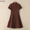ZANZEA Women Casual Turn Down Collar Short Sleeve Summer A-line Dress