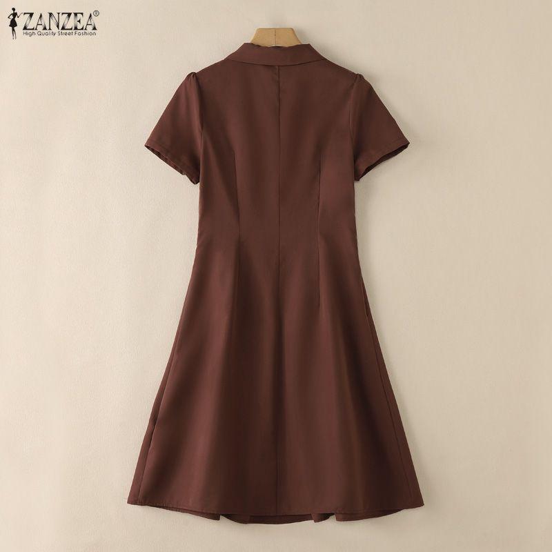 ZANZEA Women Casual Turn Down Collar Short Sleeve Summer A-line Dress