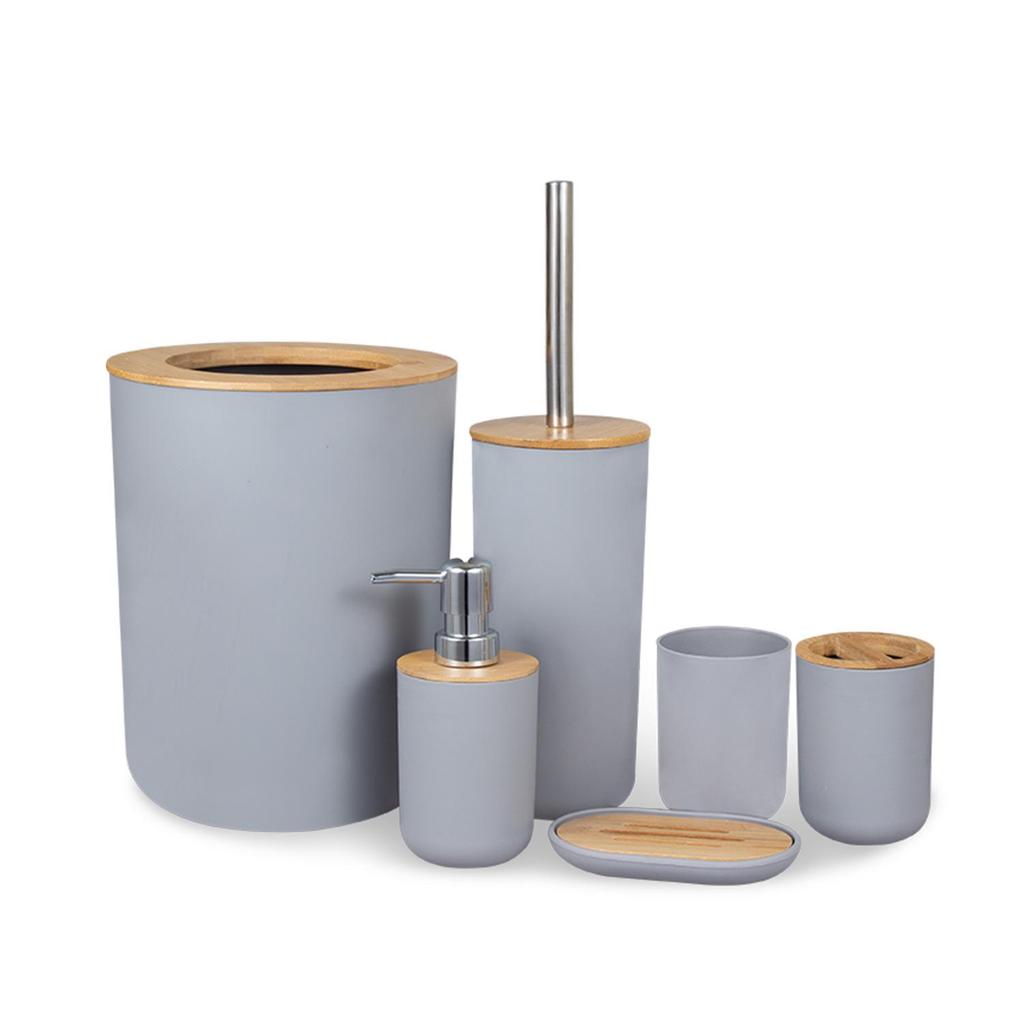 Bathroom Accessory Set: Toiletry Bottles, Toilet Brush, and Trash Can
