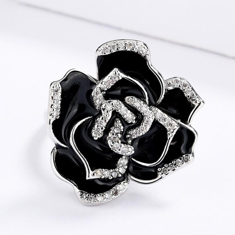 Vintage Elegant Enamel Ladies Ring Unique Black Flower Handmade Epoxy Jewelry Party Engagement Jewelry