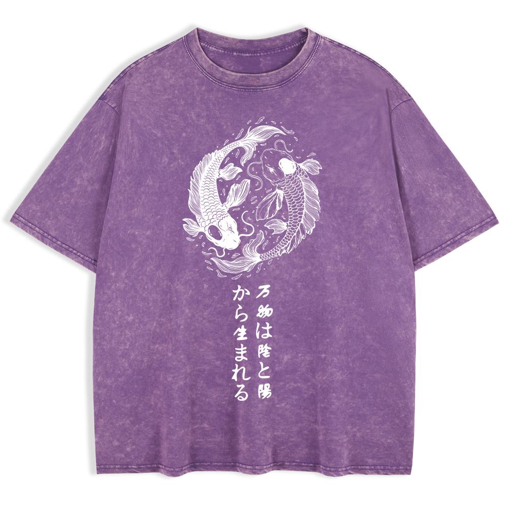 Japanese Koi Harajuku Printed Washed T-Shirts Mens Cotton Short Sleeve Tops Street O-Neck Oversize T Shirt Clothes