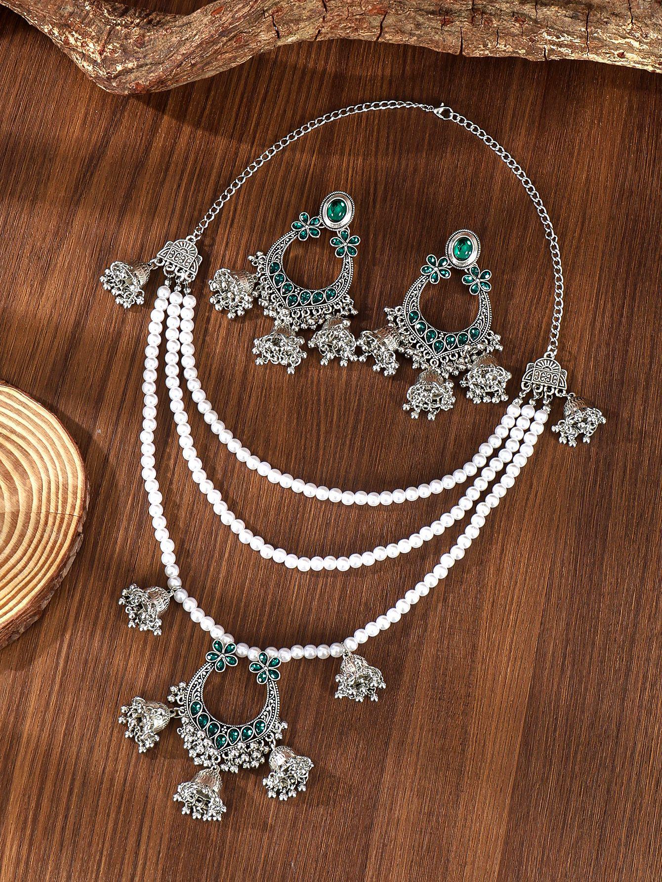 European-American Colorful Crystal Tassel Earring and Necklace Set - Retro Court Style зелёный