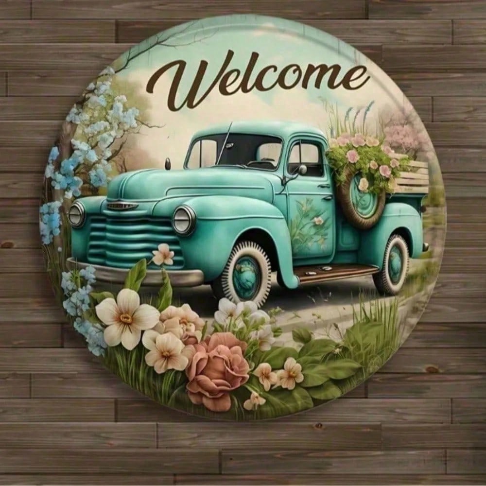 Vintage Metal Welcome Sign - Floral Wreath Round Wall Decor for Farmhouse Door Entryway Garden Outdoor