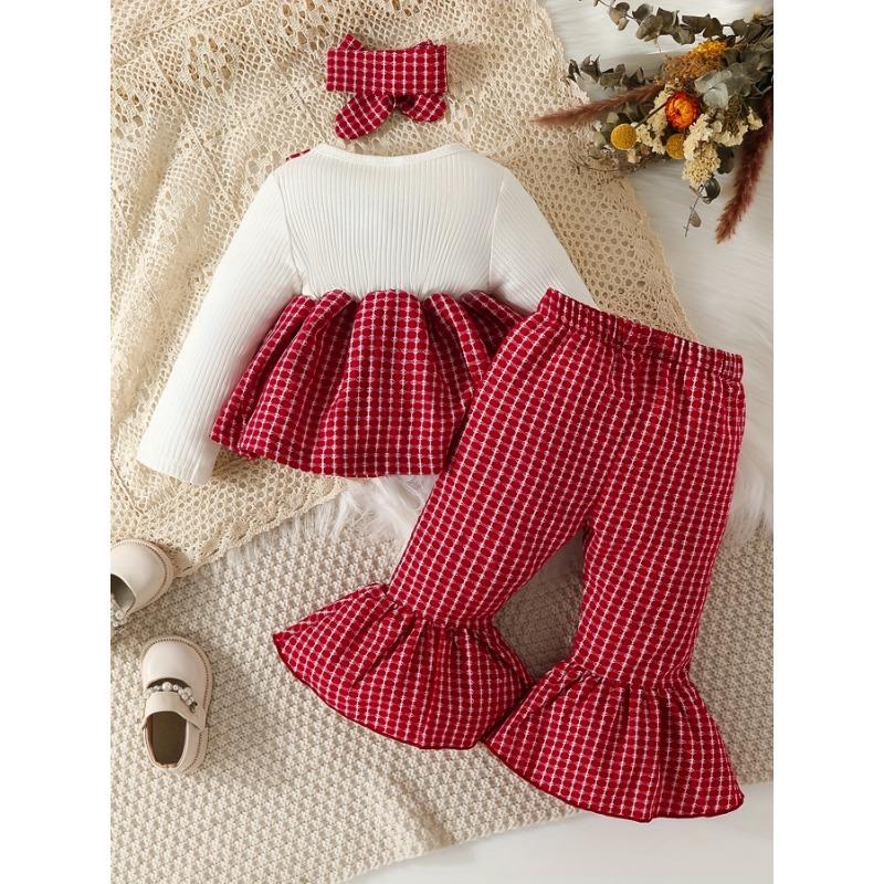 Toddler Baby Girls All-match Cute Bow Plaid Long Sleeve Dress Top & Flared Trousers Set, Kid's Patry Casual Clothes