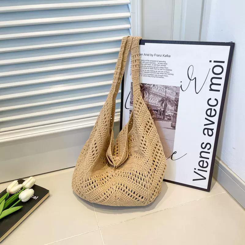 Yogodlns Casual Knitted Tote Bag Women's Summer Fashion Basket Weave Hollow Out Large Capacity Shoulder Bag for Daily Use