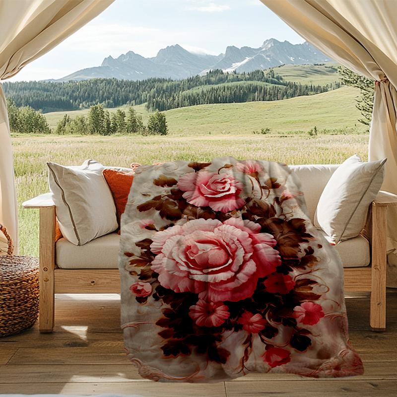 Floral Artwork Print Flannel Blanket, Soft Warm Lightweight Throw Blanket for living Room,Sofa Bed Camping office