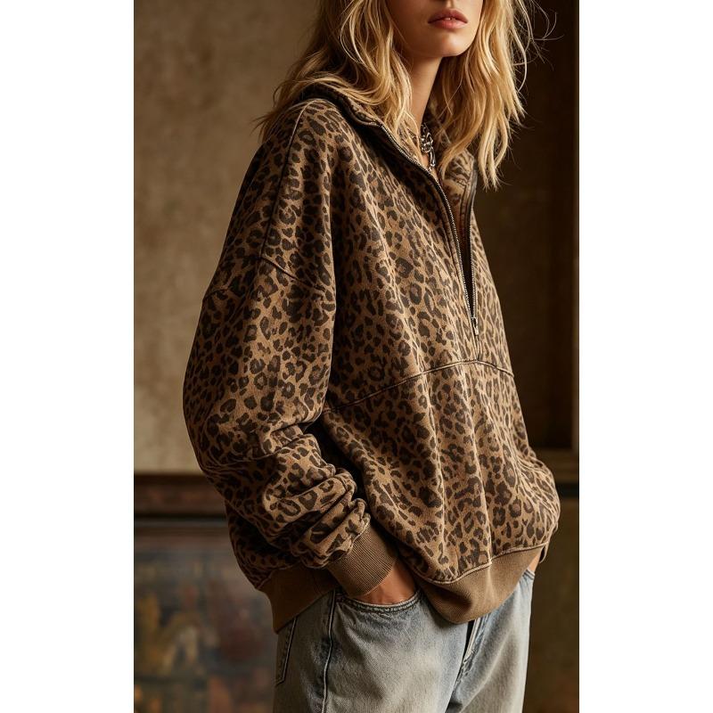 TIFICY Women's Fashion Casual Leopard Print Spring Fall Long Sleeve POLO Neck Pullovers & Long Sleeves