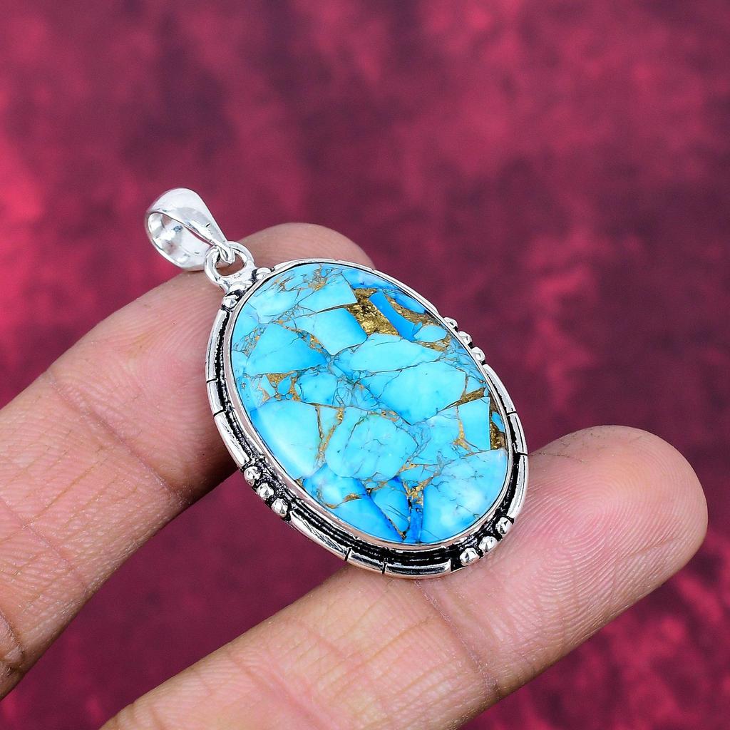 Blue Turquoise Handmade Gemstone Pendant, 925 Solid Sterling Silver Antique Jewelry Pendant, For Engagement Gift