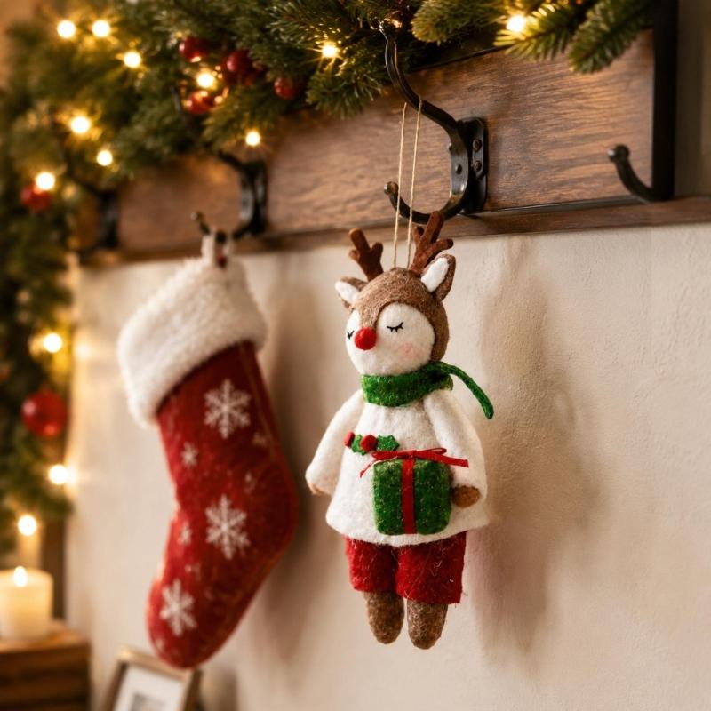 Cartoon Christmas Reindeer Hanging Decoration with Short-Pile Fabric, Finished Edges, and Holiday Artwork for Branch Displays