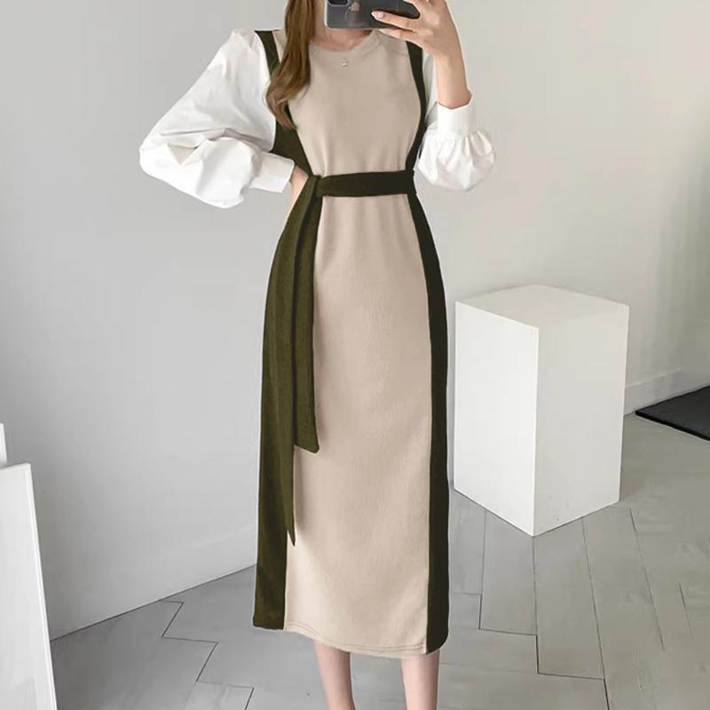 

ZANZEA Женское повседневное лоскутное платье с длинным рукавом, свободное длинное платье L армия зеленый