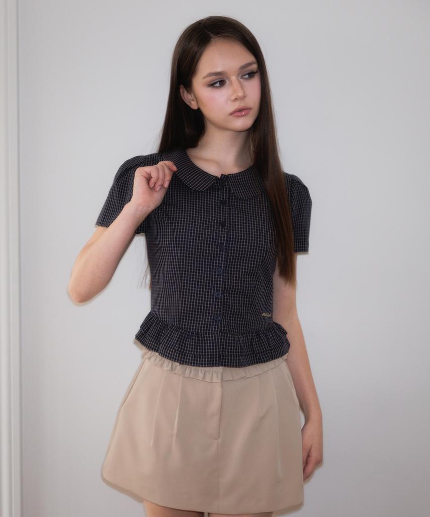 ROSEFRANTZ Puff Sleeve Peplum Check Blouse [Navy]
