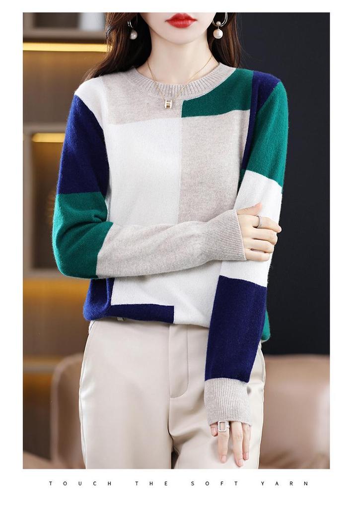 Women's 100% Pure Wool Patchwork Sweater - Round Neck Knitwear for Autumn/Winter 2025