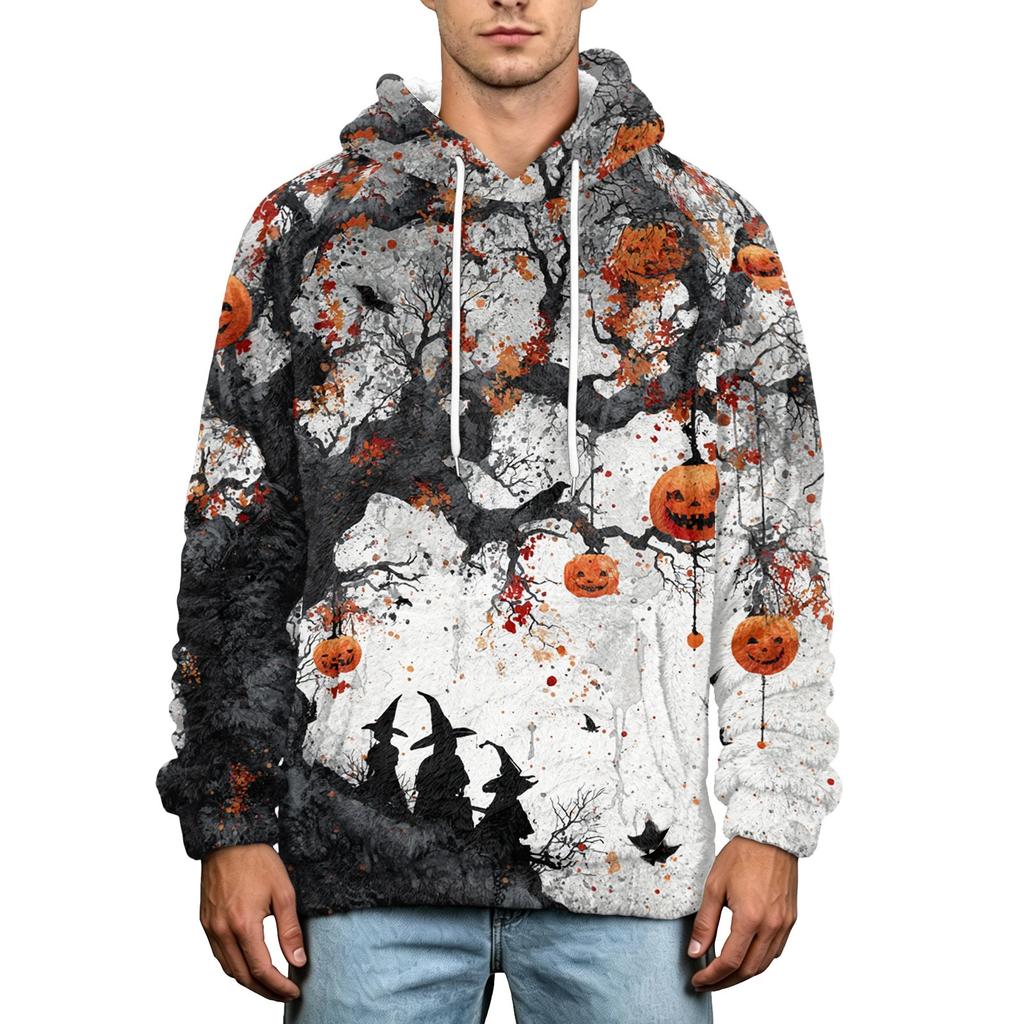 Men's Halloween Print Hoodie Plus Size Flannel Casual Pullover Sweatshirt for Fall and Winter