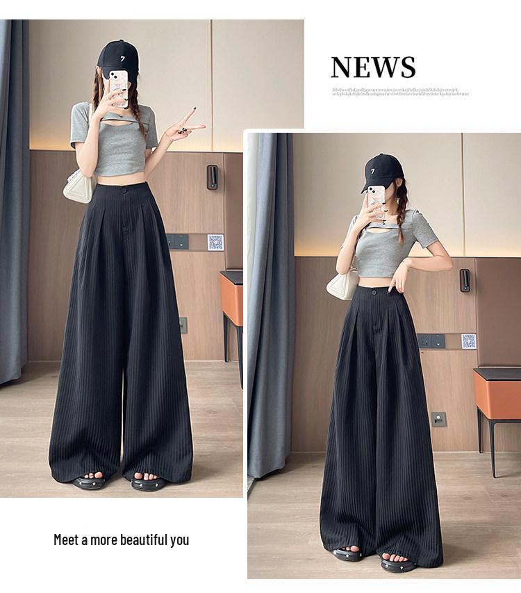 Women's Summer Ice Silk Striped Wide-Leg High-Waisted Pants - Thin, Slimming, Loose, Floor-Length, Casual Straight-Leg.