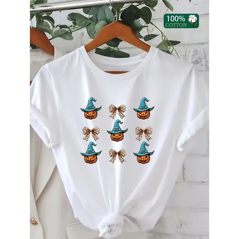 Europäische Größen Damen Halloween Kürbis Zauberer Cartoon Print T-Shirt, Lässiger Rundhalsausschnitt, Kurzarm, Rippstrick-Detail
