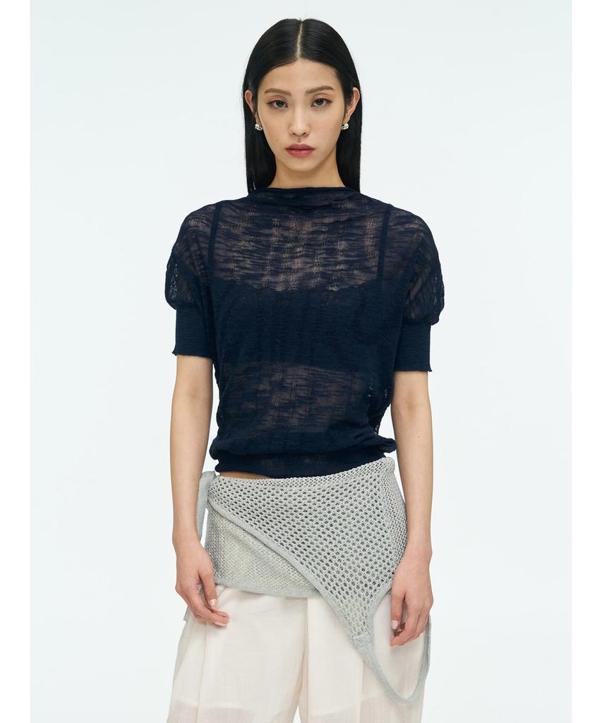 Anggae Wave Knit Half Sleeve Top Navy