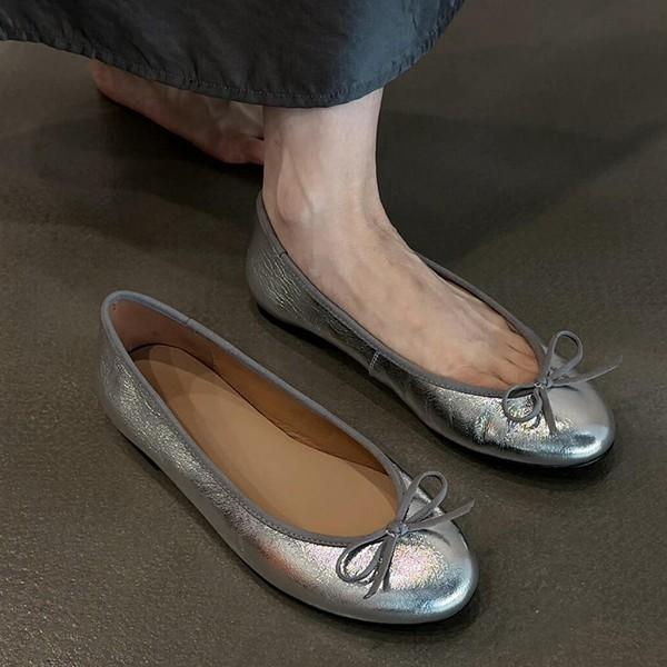 Cowhide model~ leather round head bow flat-bottomed French retro ballet shoes women's one-pedal commuter single shoes ladyshoes