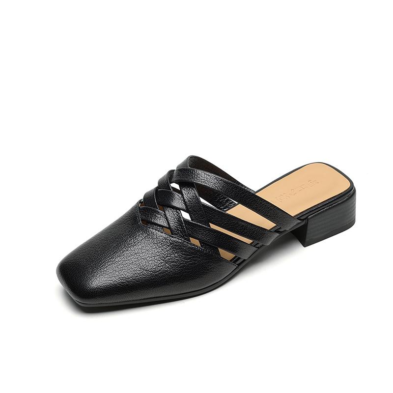 Fashion 2025 Summer New Genuine Leather Retro Semi-drag Mueller Slippers Woman Women's Low-heel Square Toe Casual Shoes Women Slippers