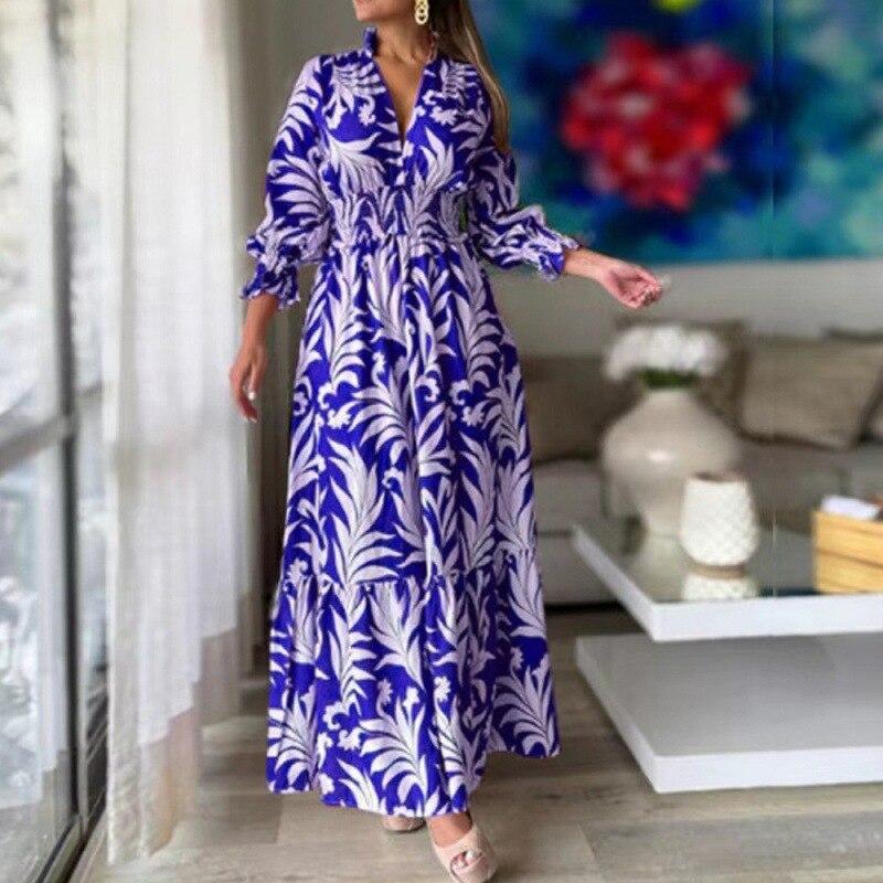 Spring  Shirring Elastic Waist Long Dress Fashion V-neck Bohemian Dress Elegant Puff Long Sleeve Printed Dress Vestidos 26351