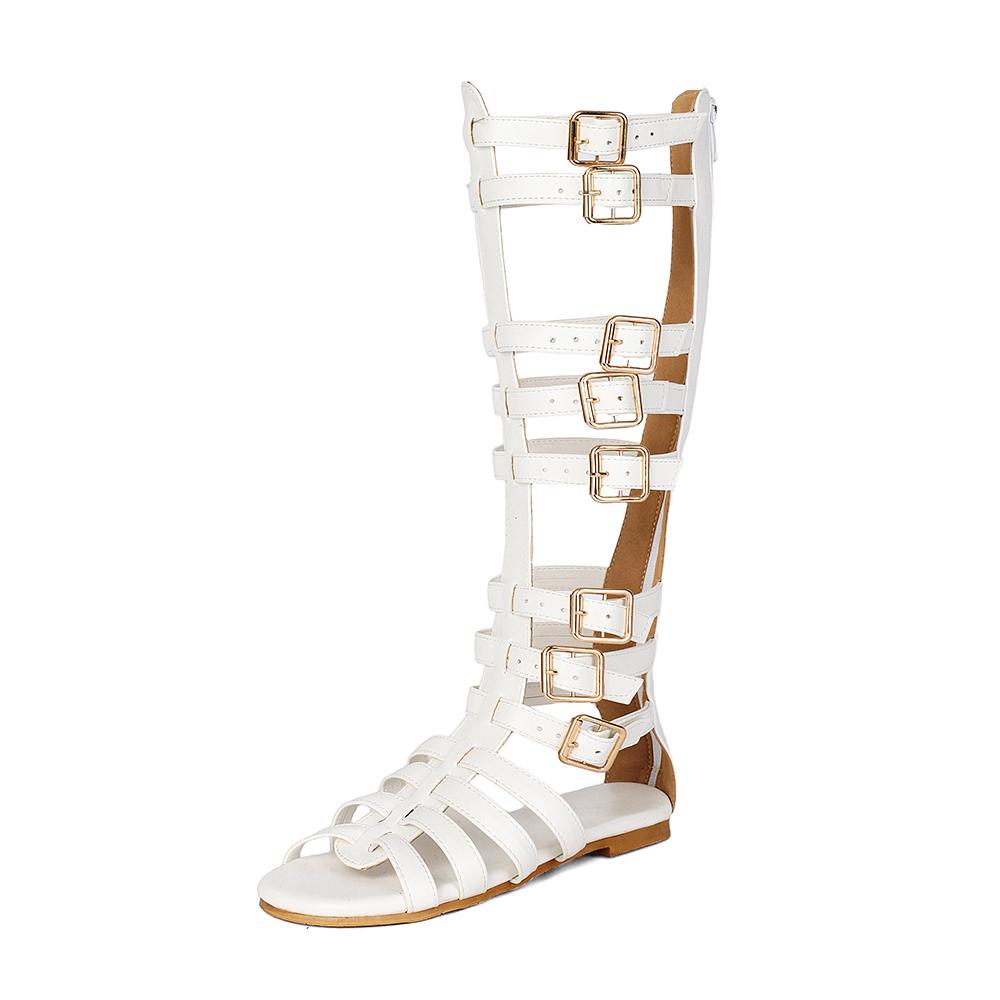 Calf High Women Gladiator Sandals Flat Heel Lady Party Shoes Large Small Plus Size 30 48