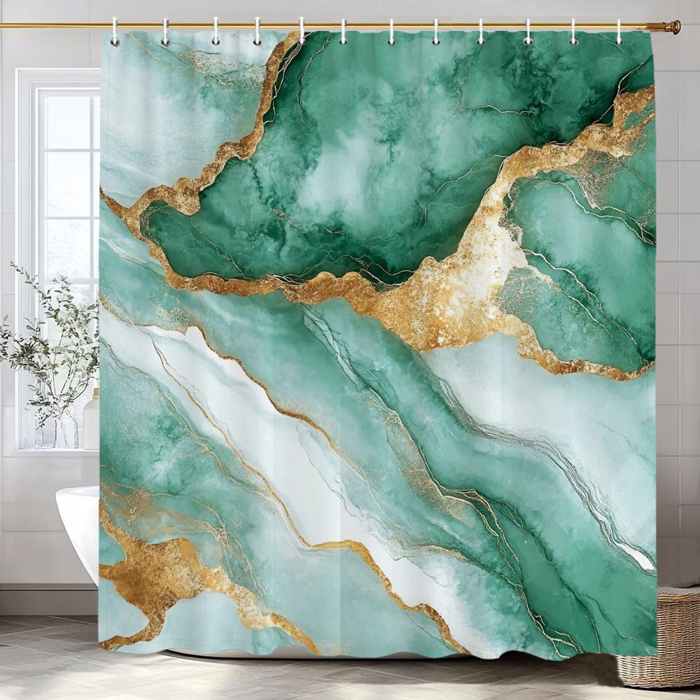 Cortina de Ducha con Impresión Flow Art Mármol Verde, Cortina de Ducha Decorativa para Baño, Cortina de Ducha Impermeable con Ganchos