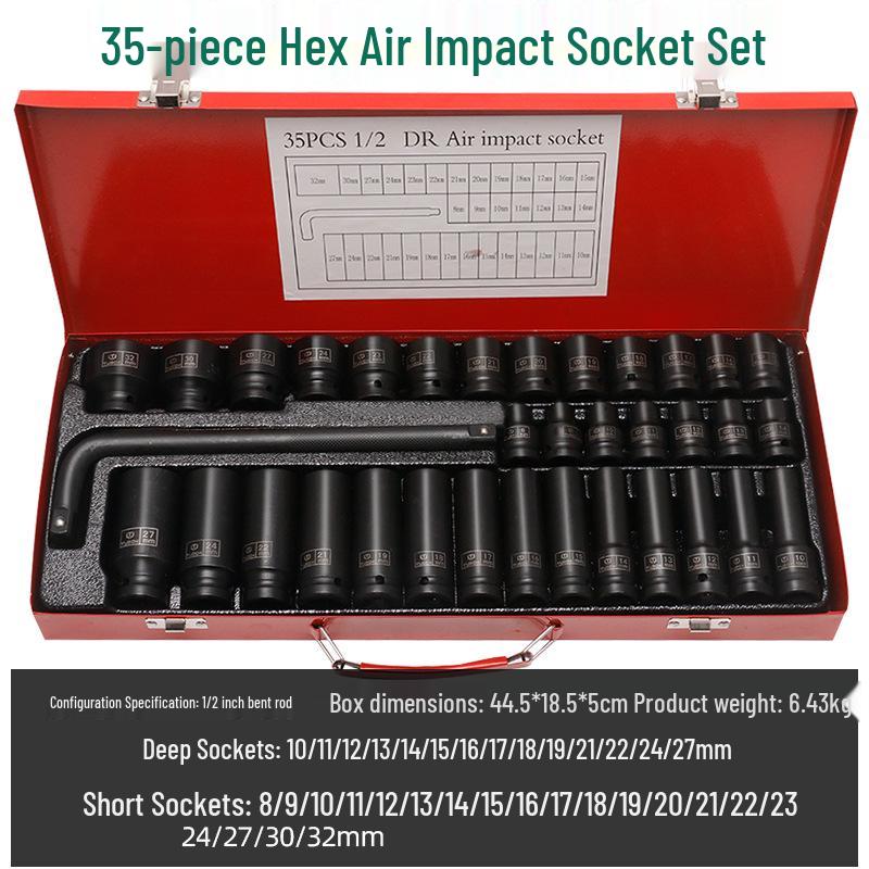 35-Piece Air-Powered 1/2" Socket Wrench Tool Set for Auto Repair.