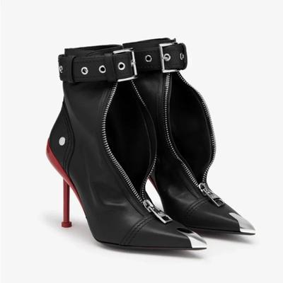 Belt Buckle Front Zipper Fashion Show Short Boots Women's Autumn Winter Pointed Metal Decoration Red High Heels Ankle Boots