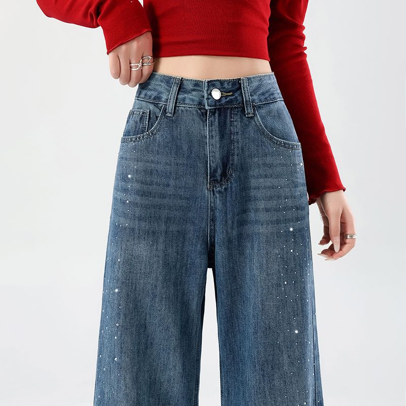 Spring Summer Full Star Rhinestone Vintage Blue Straight Wide Leg Denim Pants For Ladies Casual Pants Oversize Denim Trousers