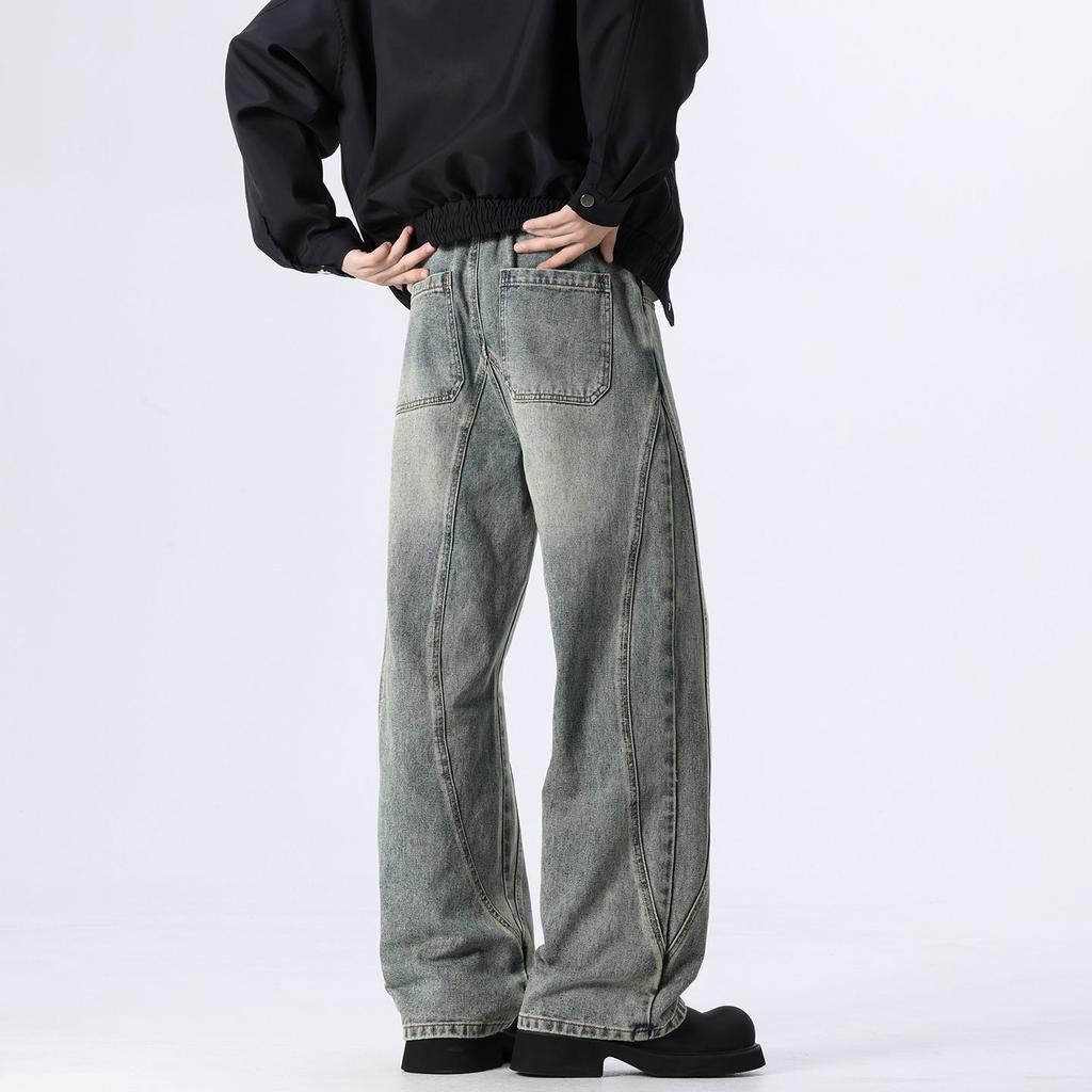 Advanced deconstruction splicing wide-leg loose straight jeans men's pants trend
