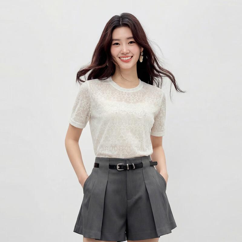 

Qiusbiyiren Women s Lace Jacquard Knit Short-Sleeve Top S