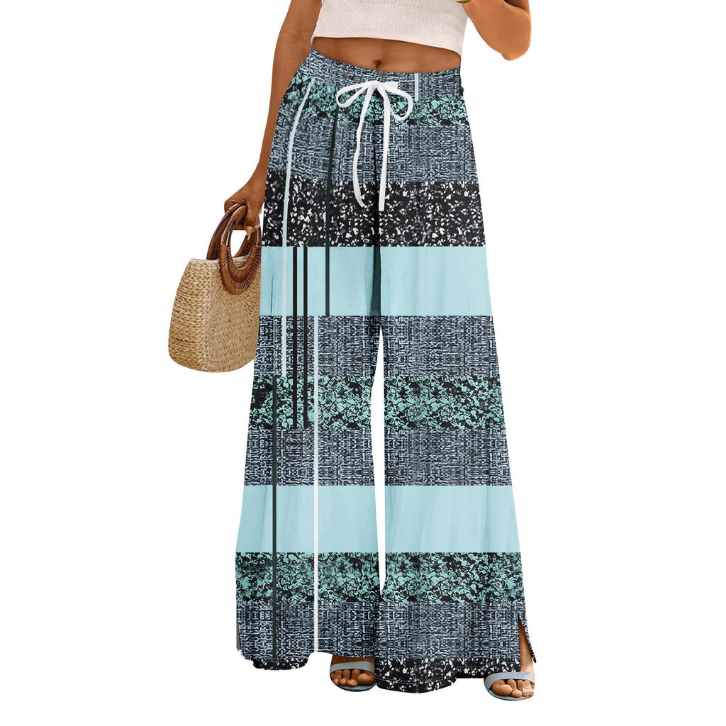 Women Summer Boho Palazzo Pants High Waist Wide Leg Floral Printing Casual Trousers With Pockets