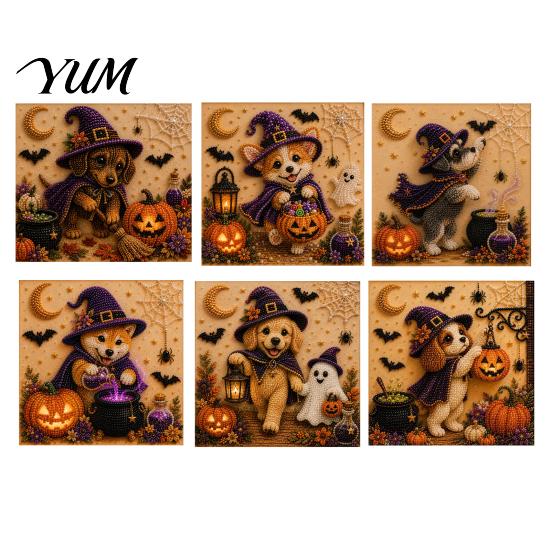 Halloween Puppy Witch Decor Faux Pearl Painting Kit, Ghost 3D Art Craft Clean Paint Free Set for Adults Beginners, Home Wall Decor, DIY Stress Relief