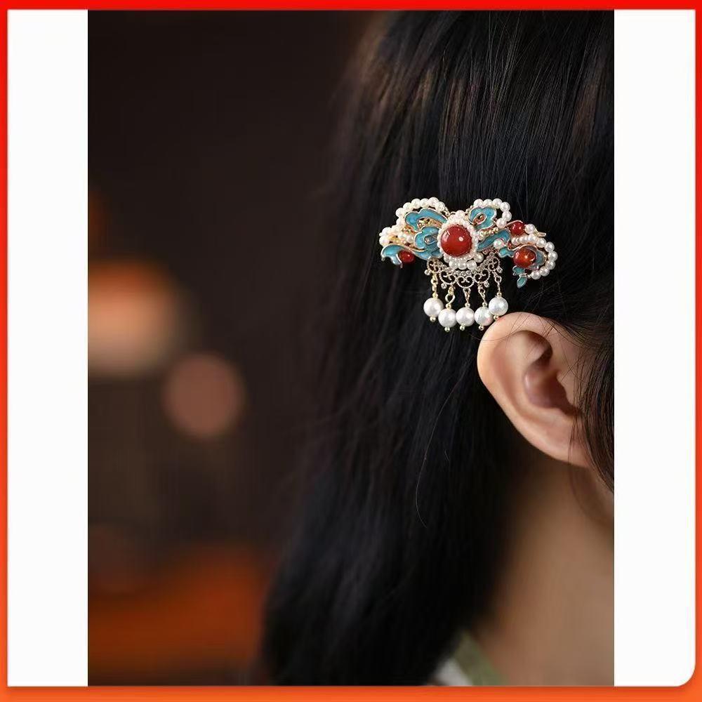 Pince à Cheveux Papillon Bleu Ancien avec Pompons - Pince Latérale Rétro pour Cheveux, Exquis Accessoire pour Cheveux