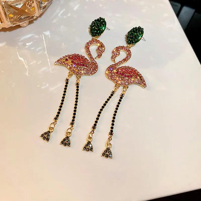Pink Birds Crystal Earrings for Women Bijoux Long Tassel Rhinestone Dangle Earrings Statement Zircon