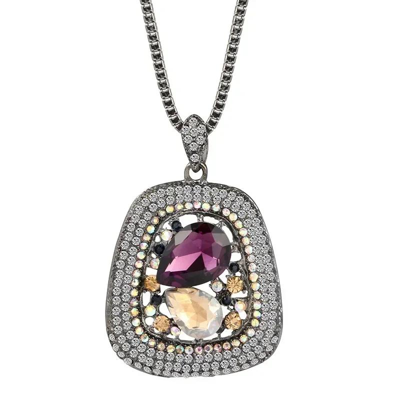 Neuer Halbedelstein Trapez-Anhänger Lange Halsketten für Damen Vintage Quadratisch Geometrisch Weibliche Geschenke Schmuck