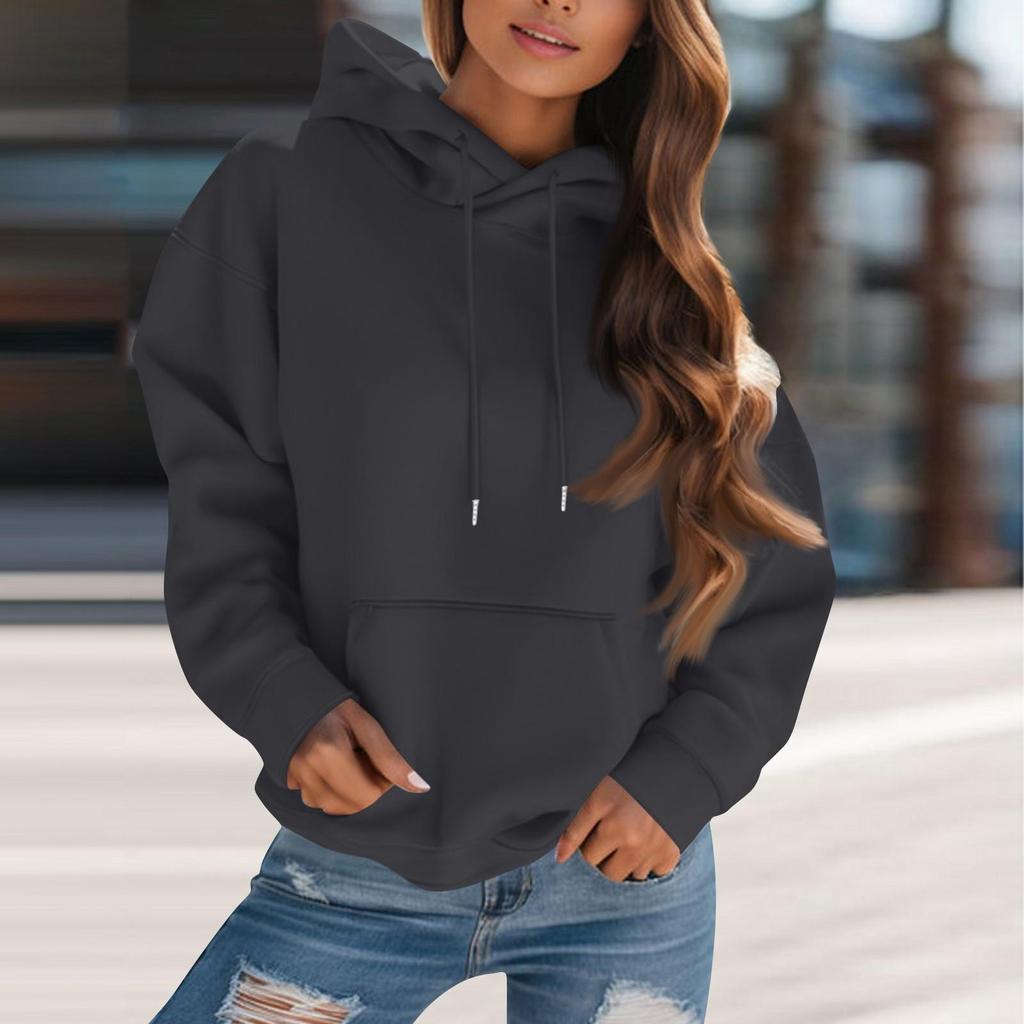 Women's Fashion Solid Color Hooded Drawstring  Long Sleeve Loose Pullover Sweatshirt Top