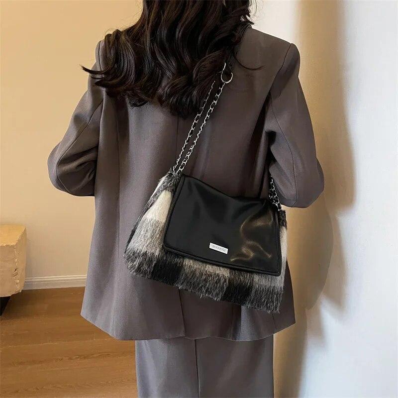 Small Soft Woolen Shoulder Bag for Women 2024 Winter Korean Fashion Female Chain Underarm Bag Handbags and Purses