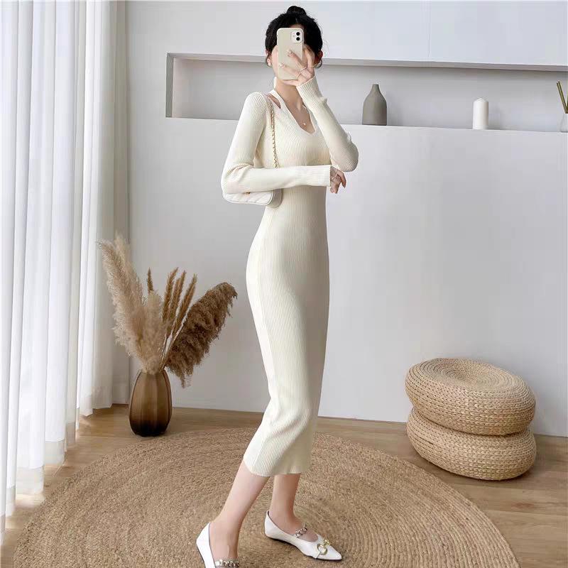 2025 Autumn/Winter Slim-Fit Knit Dress: Elegant Woolen Over-the-Knee Design