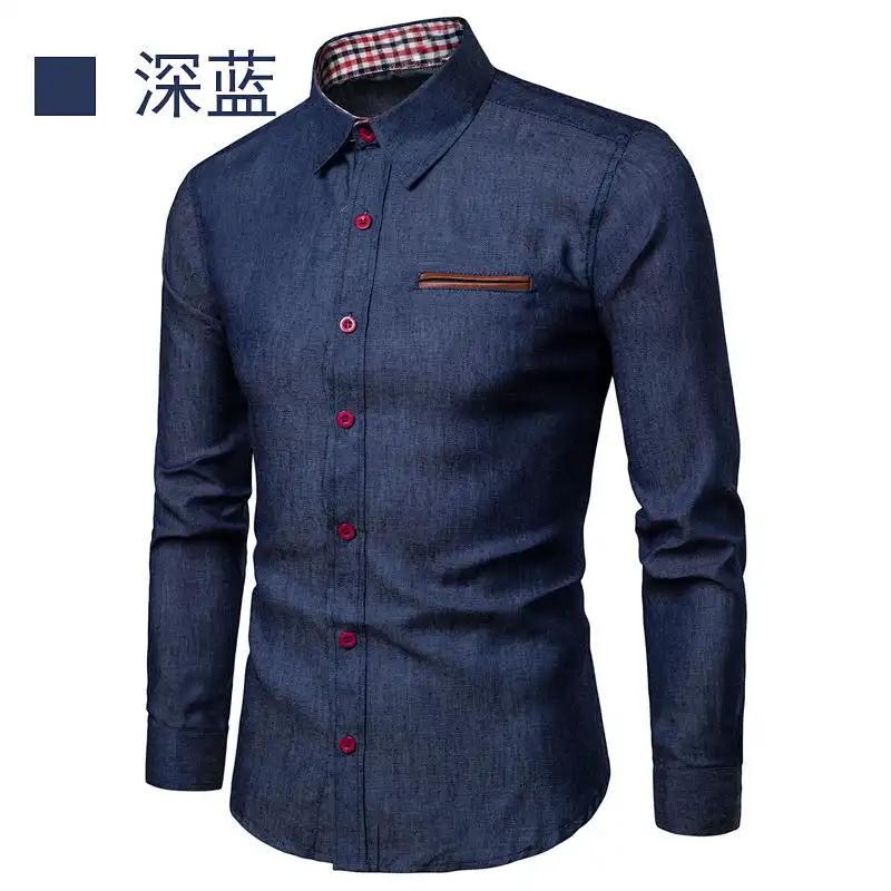 Men's Business Casual Blue Denim Style Long Sleeve Shirt