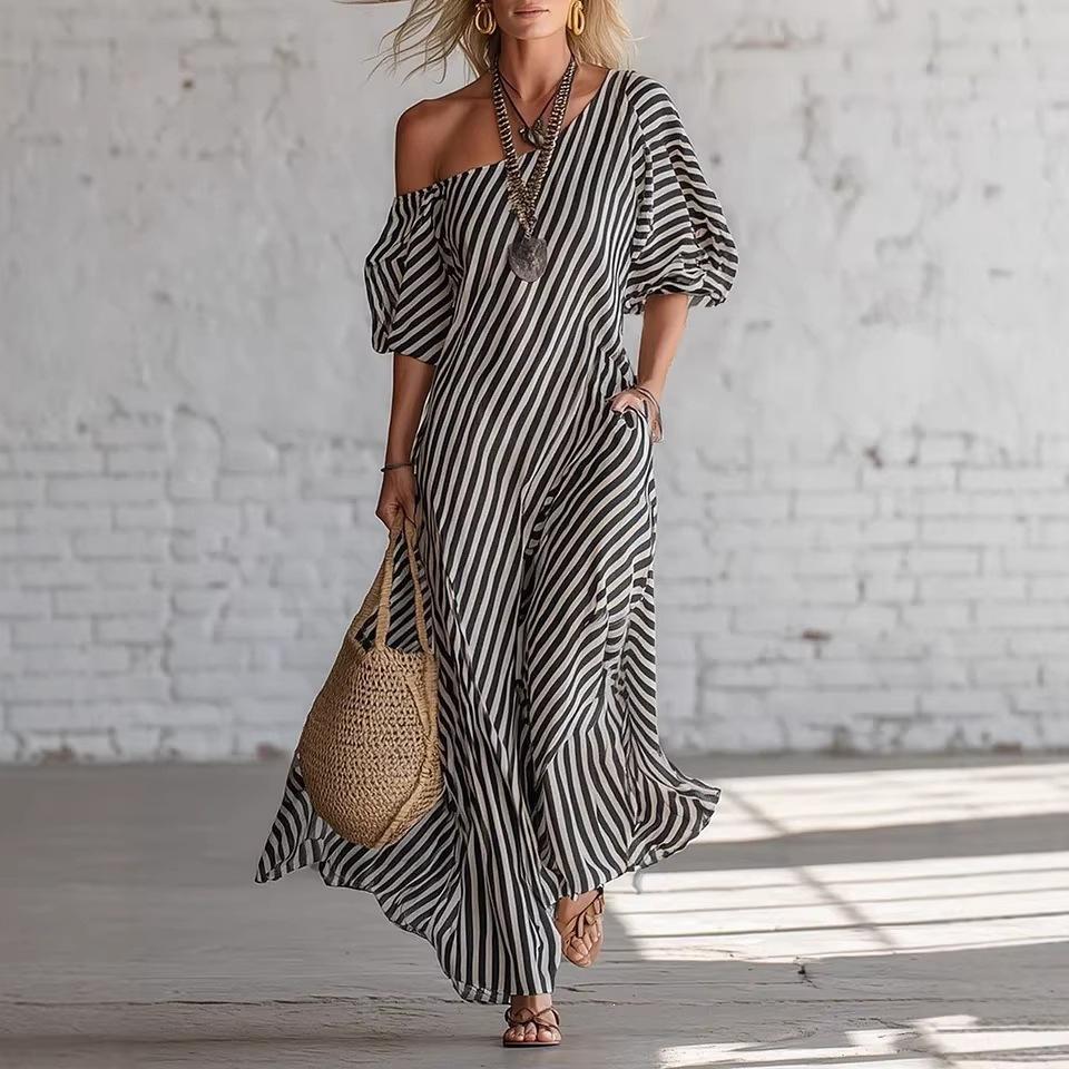 2026 European and American independent station women's fashion spring elegant striped off-the-shoulder dress blue