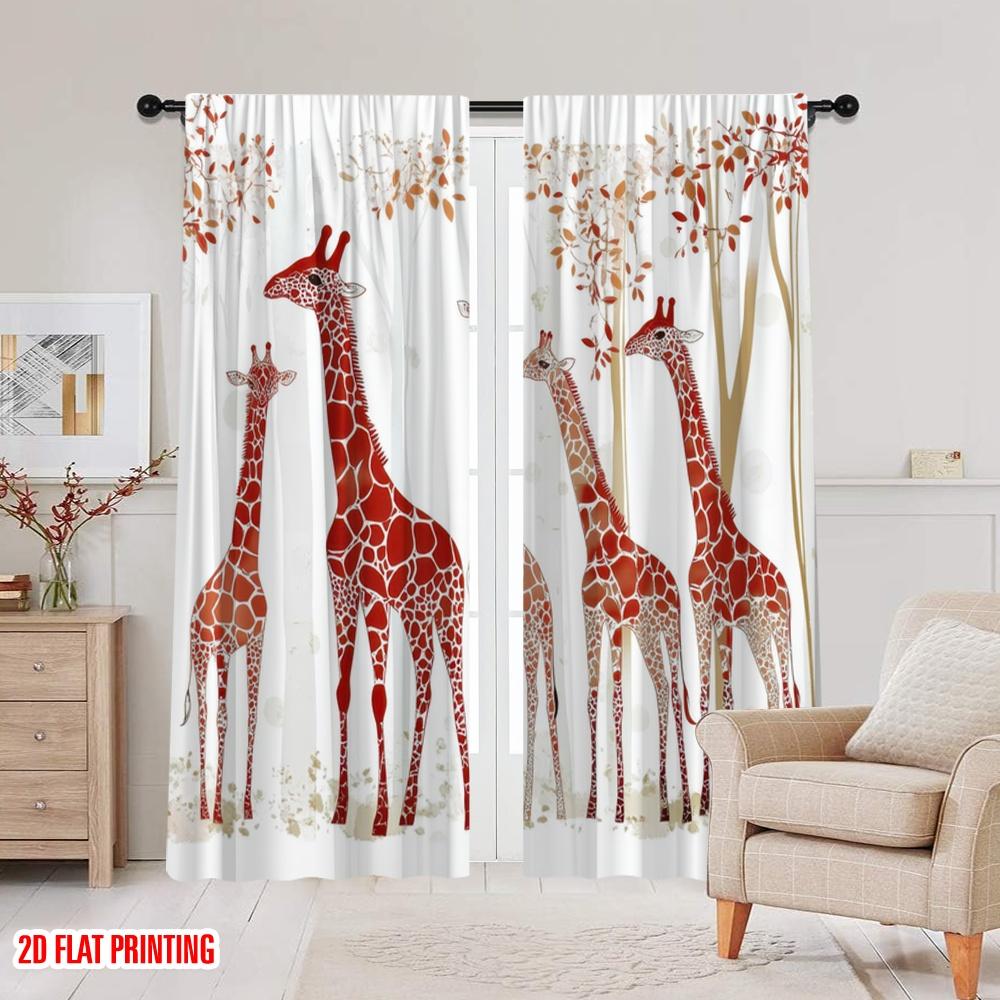 2pcs,2D Plane Printing Window Curtain Autumn Giraffes Versatile Fabric (without Rod) All Seasons Use for Living Room & Office