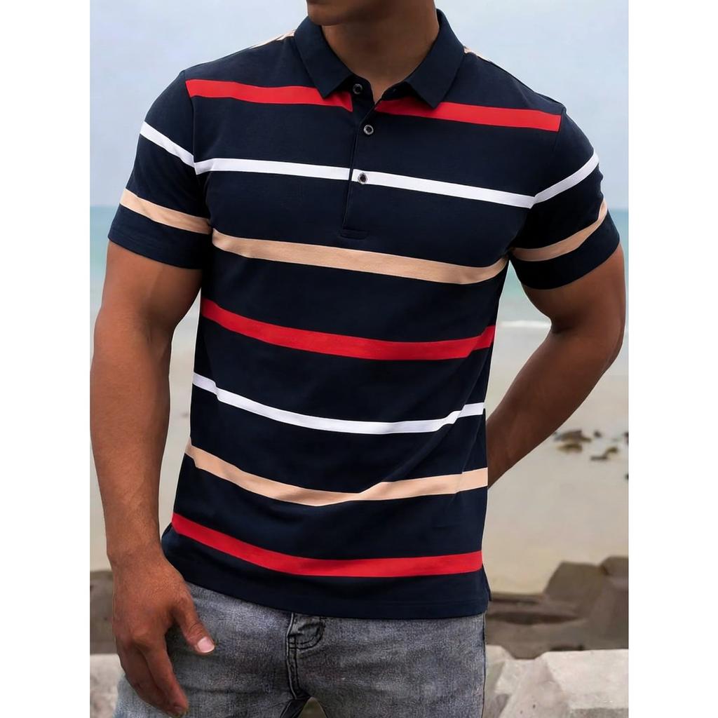 2026 Summer New Style Men's Short-Sleeved Polo Shirt with 3D Stripes Print - Street Casual Fashionable