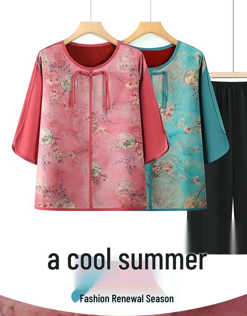 Chinese Style Summer Two-Piece Set for Middle-Aged and Elderly Women – Shirt and Pants Suit