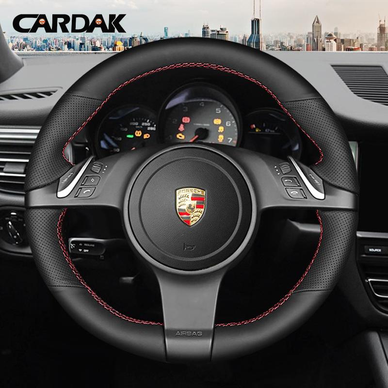 Full Black Leather Car Steering Wheel Cover for Porsche 911 991 Boxster Cayman 981 Cayenne Panamera 2009-2016