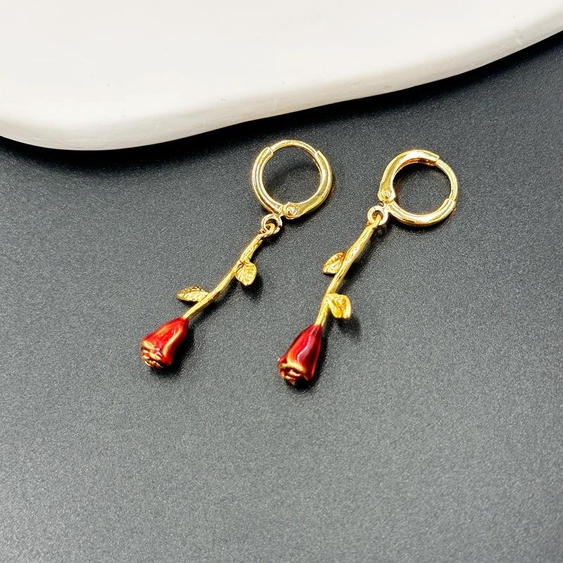 

French Fashion Romantic Drop Glaze Rose Earrings Women S Light Luxury Temperament Flower Necklace