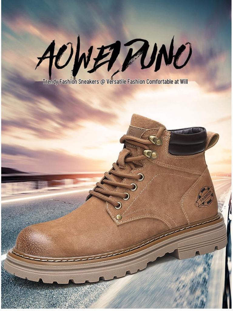 Men's High-Top Warm Genuine Leather Martin Boots - Yellow, Casual Outdoor Hiking & British Work Style for Autumn/Winter