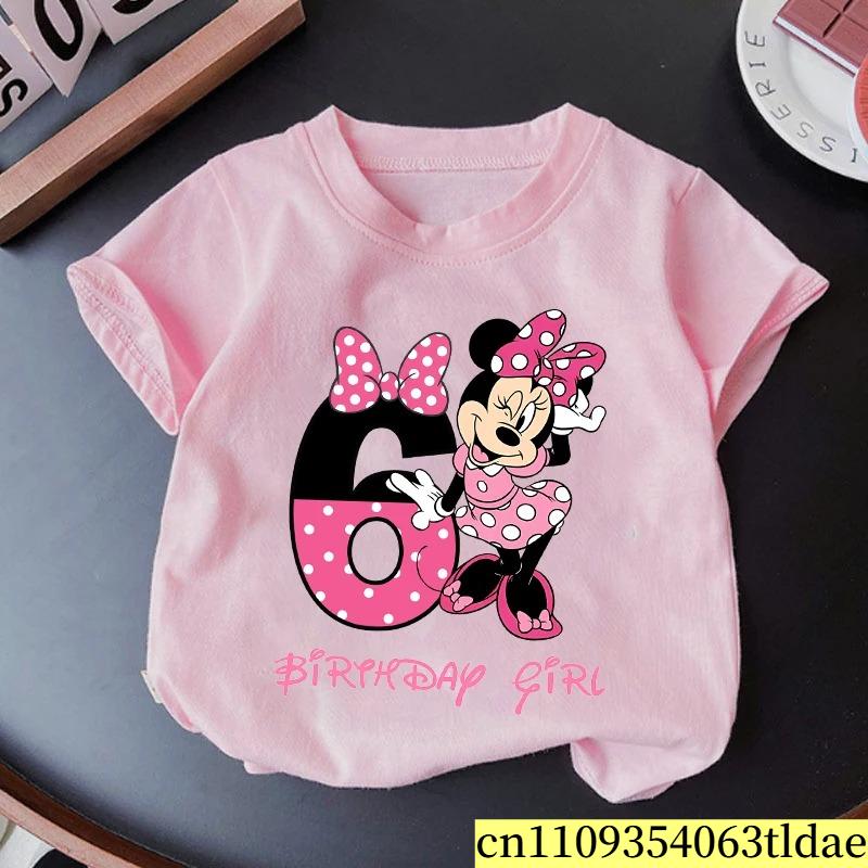 Minnie Mouse Girl Number T Shirt Pink Birthday Party Clothes Cartoon Toddler Cotton Tops Cute Short Sleeve Tees Kids Gift
